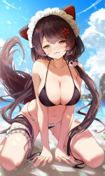 Rule 34 | 1girl, :3, absurdres, alternate costume, animal ears, asymmetrical bangs, bare arms, bare shoulders, beach, between legs, bikini, black bikini, blush, breasts, brown hair, cleavage, collarbone, commentary request, day, dog ears, dog girl, dog tail, fingernails, frilled bikini, frilled thigh strap, frills, gluteal fold, hair ornament, hand between legs, heterochromia, highres, inui toko, kneeling, large breasts, long hair, looking at viewer, low twintails, maid headdress, nagori0127, navel, nijisanji, outdoors, pink nails, solo, stomach, swimsuit, tail, thigh strap, twintails, virtual youtuber