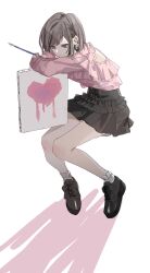 1girl art_brush bad_id bad_twitter_id black_shoes black_skirt brown_eyes brown_hair canvas_(object) closed_mouth frilled_shirt frilled_skirt frills full_body heart highres holding holding_paintbrush holding_phone inactive_account invisible_chair long_sleeves looking_at_phone nanashiro_(7_shiro_) paintbrush painting_(object) phone pink_shirt project_sekai sad shinonome_ena shirt shoes short_hair simple_background sitting skirt solo white_background