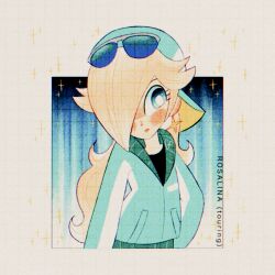 1girl backwards_hat blonde_hair blue_eyes blue_jacket blush character_name closed_mouth commentary earrings english_commentary eyelashes eyewear_on_head hair_over_one_eye hat highres jacket jewelry long_hair long_sleeves mario_(series) mario_kart mario_kart_world nintendo official_alternate_costume procreate_(medium) rosalina rosalina_(touring) solo star_(symbol) star_earrings sugarbee908 sunglasses upper_body
