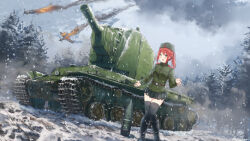 1girl adapted_uniform aircraft airplane artillery_shell belt bf_109 blush boots cloud cloudy_sky epaulettes fire forest garrison_cap hat karo-chan knees_together_feet_apart kv-2 long_hair microskirt military military_uniform military_vehicle motor_vehicle nature open_mouth original outdoors pleated_skirt ponytail ponytial propeller_fighter red_hair signature skirt sky smile snow snowing soldier solo tank thighhighs war war_thunder world_war_ii
