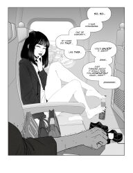 1boy 1girl absurdres airplane_interior bag bare_legs barefoot between_toes border bottle chair english_text greyscale handbag highres kusujinn looking_at_viewer monochrome original phallic_symbol pov seductive_smile sexually_suggestive shoes simulated_footjob smile socks speech_bubble thighs trembling unworn_shoes unworn_socks window