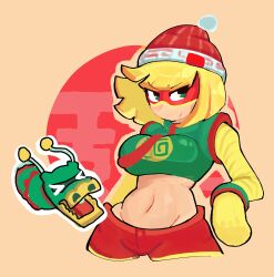 1girl arms_(game) beanie blonde_hair bracelet colored_extremities dragon_(arms) eye_mask green_eyes hat jewelry min_min_(arms) navel no_shirt shirt shorts solo wavedotwav