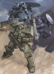 arm_shield artist_name commentary dated day desert dust_cloud firing flying gun gundam gundam_wing highres holding holding_gun holding_weapon leo_(mobile_suit) mecha mecha_focus mobile_suit no_humans outdoors robot sand science_fiction shoulder_cannon standing symbol-only_commentary weapon windforcelan