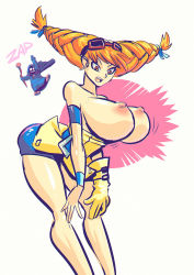 1girl 2016 aika_(eternal_arcadia) alternate_breast_size ass bare_shoulders braid breast_expansion breasts breasts_out commission eternal_arcadia female_focus goggles goggles_on_head highres huge_breasts magic nipples orange_hair shorts supersatanson twin_braids wardrobe_malfunction