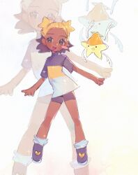 aika_(kiana_mai) baariezz blonde_hair blush_stickers dark-skinned_female dark_skin halo highres hoshi_(kiana_mai) i_don&#039;t_want_to_be_a_magical_girl open_mouth shirt shoes shorts single_blush_sticker smile star-shaped_hair t-shirt very_dark_skin