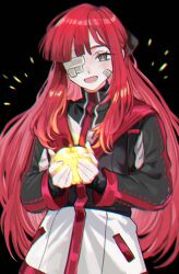 Rule 34 | 1girl, apple, black background, black bow, black jacket, bow, commentary, food, fruit, gauze, gauze over eye, golden apple, grey eyes, hair bow, jacket, limbus company, long hair, long sleeves, looking at viewer, medu (rubish), open mouth, pink hair, project moon, sidelocks, simple background, solo, standing, upper body, very long hair, yuri (project moon)