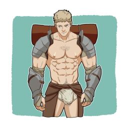 1boy abs alternate_body_hair alternate_muscle_size bara blonde_hair bulge commentary_request covered_penis cropped_legs dungeon_meshi laios_touden large_pectorals male_focus muscular muscular_male navel navel_hair nipples pectorals peisuky short_hair sideways_glance smile solo sparse_chest_hair stomach yellow_eyes