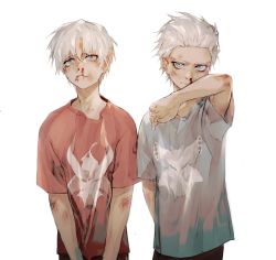 2boys arm_behind_back bad_id bad_twitter_id blood blue_eyes blue_shirt bruise bruise_on_face bruised_eye child closed_mouth dante_(devil_may_cry) devil_may_cry_(series) devil_may_cry_5 frown haban_(haban35) hair_slicked_back highres injury multiple_boys nosebleed red_shirt scratches shirt simple_background spoilers standing vergil_(devil_may_cry) white_background white_hair wiping wiping_face