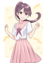 1girl blush brown_eyes brown_hair grin highres kisaragi_hina looking_at_viewer neckerchief original pink_sailor_collar pink_skirt ponytail red_neckerchief sailor_collar school_uniform serafuku shirt short_sleeves skirt smile solo white_shirt