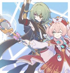 1boy 1girl anaxa_(honkai:_star_rail) aqua_hair black_jacket black_pants closed_mouth cowboy_shot gun highres holding holding_gun holding_staff holding_weapon honkai:_star_rail honkai_(series) hyacine_(honkai:_star_rail) jacket neon_(irir_neon) one_eye_closed pants pink_hair smile staff weapon