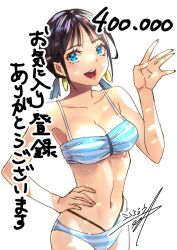 1girl bikini black_hair blue_bikini blue_eyes blue_hair breasts cleavage collarbone colored_inner_hair commentary_request dappled_sunlight earrings finger_counting hand_on_own_hip highres jewelry kitahara_aoba medium_breasts medium_hair multicolored_hair navel open_mouth sawaranaide_kotesashi-kun shinjou_takuya sidelighting signature simple_background solo stomach striped_bikini striped_clothes sunlight swimsuit translation_request twintails upper_body white_background