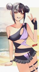 Rule 34 | 1girl, alexaniel, artist name, bikini, black bikini, black gloves, black hair, breasts, double bun, fingerless gloves, frilled bikini, frills, gloves, grey hair, grin, hair bun, hololive, hololive english, holonatsu paradise, looking at viewer, medium breasts, multicolored bikini, multicolored hair, o-ring, o-ring thigh strap, official alternate costume, official alternate hairstyle, purple bikini, shiori novella, smile, solo, split-color hair, swimsuit, teeth, thigh strap, two-tone bikini, two-tone hair, v, virtual youtuber, yellow eyes