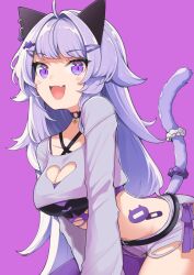 Rule 34 | 1girl, ahoge, all fours, animal ear fluff, animal ears, black choker, blush, breasts, cat ears, cat girl, cat tail, choker, cleavage, cleavage cutout, clothing cutout, criss-cross halter, fang, goten (510gensoku), hair ornament, hairclip, halterneck, highres, hololive, large breasts, long sleeves, midriff, nekomata okayu, open mouth, purple background, purple eyes, purple hair, scrunchie, short shorts, shorts, simple background, skin fang, solo, tail, virtual youtuber