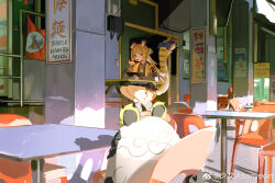 Rule 34 | 1girl, absurdres, animal ear fluff, animal ears, black shirt, blonde hair, blunt ends, chopsticks, eating, food in mouth, green eyes, highres, holding, holding chopsticks, id card, jacket, ju fufu, long hair, looking at animal, shirt, sidelocks, socks, tiger ears, tiger girl, twice12314, white socks, yellow jacket, zenless zone zero