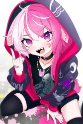 Rule 34 | 1girl, :d, \n/, alternate costume, animal ears, animal print, arrow through heart, bandaid, bandaid on finger, bandaid on hand, belt collar, black collar, black jacket, black shirt, black shorts, black thighhighs, character print, character request, collar, crescent, crescent facial mark, crescent necklace, crescent print, facial mark, hair between eyes, heart, heart print, highres, hood, hood up, hooded jacket, idol corp, jacket, jewelry, lalabell lullaby, long hair, looking at viewer, multicolored hair, necklace, open mouth, orenji gallery, paint splatter, partially unzipped, pink eyes, pink hair, pink jacket, print jacket, print shirt, punk, rabbit ears, rabbit girl, rabbit necklace, rabbit print, sharp teeth, shirt, shorts, simple background, sitting, smile, sparkling eyes, split-color hair, star ahoge, teeth, thighhighs, two-sided fabric, two-sided jacket, upper teeth only, v-shaped eyebrows, virtual youtuber, wariza, white background, white hair