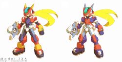 Rule 34 | 1boy, armor, artist name, black armor, blonde hair, concept art, full body, fusion, green eyes, gun, helmet, highres, holding, holding gun, holding weapon, long hair, male focus, mega man (series), mega man zx, mega man zx advent, model a (mega man), model zx (mega man), multiple views, red armor, red helmet, tomycase, vent (mega man), weapon