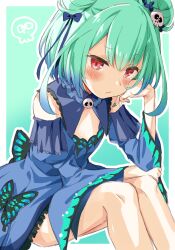 animal_print blue_butterfly blue_dress blue_sleeves blush breasts bug butterfly butterfly_print cleavage_cutout clothing_cutout dress flat_chest frilled_dress frills green_hair hair_bun hair_ornament hair_ribbon hand_on_own_chin highres hololive insect juliet_sleeves knees_to_chest long_sleeves puffy_sleeves red_eyes ribbon shirana_tamana short_dress simple_background sitting skull_brooch skull_hair_ornament strapless uruha_rushia uruha_rushia_(1st_costume) virtual_youtuber wide_sleeves
