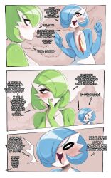 2girls alternate_color blue_hair blush breasts brown_background comic eyelashes flat_chest gardevoir gen_3_pokemon grey_hair hair_over_one_eye happy large_breasts looking_to_the_side multiple_girls nintendo open_mouth orange_eyes pokemon pokemon_(creature) red_eyes saltyxodium shiny_pokemon short_hair smile text_focus