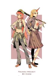 Rule 34 | 2girls, alternate costume, alternate headwear, artist name, bandaged arm, bandages, bandaid, bandaid on face, baseball bat, black bow, black gloves, blonde hair, blue jacket, bow, braid, chain, chenwei jun, chinese commentary, commentary request, contemporary, copyright name, crop top, cuffs, delinquent, gloves, green jacket, hair bow, hat, hat ornament, highres, holding, holding baseball bat, hong meiling, horns, hoshiguma yuugi, jacket, long hair, long sleeves, looking at viewer, midriff, multiple girls, navel, oni, open clothes, open jacket, pants, pleated skirt, red eyes, red hair, red horns, shirt, shoes, single horn, skirt, smile, socks, star (symbol), star hat ornament, tied jacket, touhou, towel, towel around neck, twin braids, very long hair, white shirt, white socks