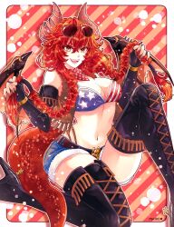 1girl absurdres american_flag american_flag_bikini american_flag_print belt bikini black_boots black_gloves black_nails blue_bikini blue_shorts boots braid breasts brown_belt brown_vest dragon_girl dragon_horns dragon_tail elbow_gloves fingerless_gloves flag_print flag_print_bikini gloves high_heel_boots high_heels highres horns indie_virtual_youtuber kuh_tapiru large_breasts looking_at_viewer nail_polish print_bikini red_bikini red_hair red_scarf scarf short_shorts shorts smile solo swimsuit tail twin_braids vest virtual_youtuber yellow_eyes zentreya zentreya_(cowboy_bikini) zentreya_(dragon)