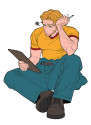 1boy absurdres beard belt belt_buckle blonde_hair blue_eyes blue_jumpsuit boots brown_belt brown_boots buckle clipboard closed_mouth commentary_request curly_(mouthwashing) curly_(pre-crash)_(mouthwashing) curtained_hair elbow_on_knee facial_hair head_rest highres holding holding_clipboard holding_pen jumpsuit jumpsuit_around_waist knee_up korean_commentary male_focus mouthwashing pen ratsays_squeak red_trim shirt shoelaces short_hair simple_background sitting solo spoken_squiggle squiggle t-shirt wavy_hair white_background yellow_shirt