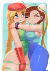 2girls beret blonde_hair blue_background blue_eyes blue_pants blue_shirt blush bracelet braid breasts brown_hair bun_cover cammy_white capcom chun-li closed_eyes double_bun fingerless_gloves gloves green_leotard grin hair_bun hair_ribbon hat heart hug jewelry large_breasts leg_tattoo leotard long_hair military_uniform multiple_girls pants red_gloves red_hat ribbon shirt sleeveless sleeveless_shirt smile sparkle spiked_bracelet spikes standing street_fighter tattoo teeth thick_thighs thighs tony_welt twin_braids wide_hips yellow_ribbon
