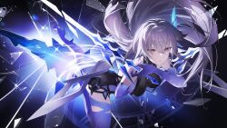 1girl bare_shoulders black_leotard breasts closed_mouth commentary_request crystal floating_hair genshin_impact grey_hair hair_ornament highres large_breasts leotard long_hair looking_at_viewer prosthesis red_eyes skirk_(genshin_impact) solo thighs varlyn