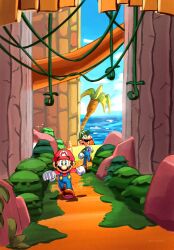 Rule 34 | 2boys, artist name, blue overalls, blue sky, brothers, brown footwear, newsboy cap, cloud, facial hair, gloves, green hat, hat, highres, luigi, maribou (supermaribou), mario, mario &amp; luigi: brothership, mario &amp; luigi rpg, mario (series), multiple boys, mustache, nintendo, overalls, red hat, shadow, siblings, sky, white gloves