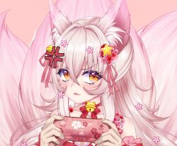 1girl animal_ears blush collar dress fox_ears fox_girl fox_tail hair_ornament kitsu_(vtuber) kudalive long_hair looking_at_viewer multiple_tails open_mouth orange_eyes pink_dress pink_hair pink_ribbon pink_stockings red_ribbon ribbon smile star_(symbol) star_hair_ornament tail very_long_hair