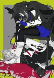 2girls akekaede824 animal_ear_fluff animal_ears arknights black_boots black_dress black_gloves black_hair black_pantyhose black_vest blue_gloves blue_necktie blue_shorts boots breasts brown_eyes cape chair closed_eyes collared_shirt dress fang fingerless_gloves full_body gloves hair_between_eyes hand_on_another&#039;s_leg highres infection_monitor_(arknights) knee_boots lappland_(arknights) lappland_the_decadenza_(arknights) laughing legs_up long_sleeves lying material_growth multiple_girls necktie official_alternate_costume on_back on_chair open_mouth oripathy_lesion_(arknights) pantyhose pantyhose_under_shorts red_cape red_gloves red_necktie scar scar_across_eye scar_on_face shirt short_dress short_shorts shorts sidelocks skin_fang smile tail texas_(arknights) texas_the_omertosa_(arknights) thighs vest white_boots white_hair white_shirt wolf_ears wolf_girl wolf_tail