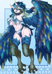 1girl absurdres bare_shoulders bird_legs blue_background blue_feathers blue_fundoshi blue_scarf blue_wings breasts commentary_request digitigrade feathers fundoshi green_hair hair_between_eyes hair_tubes highres hkdd99 horns japanese_clothes large_breasts long_hair midriff multicolored_hair multicolored_wings navel open_mouth original pointy_ears scarf solo talons teeth upper_teeth_only winged_arms wings yellow_eyes