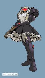1girl arm_cannon armor_under_clothes artist_name frilled_skirt frills full_body helmet highres holding_own_arm looking_at_viewer maid maid_headdress metroid metroid_prime metroid_prime_1 nintendo pajaronaa phazon_suit power_suit_(metroid) samus_aran simple_background skirt solo weapon