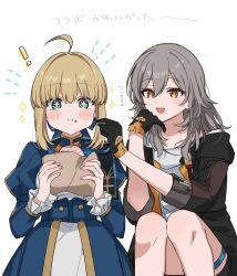 Rule 34 | !, + +, 2girls, absurdres, antenna hair, artoria pendragon (fate), black gloves, black jacket, blonde hair, blue dress, blush stickers, crumbs, dress, eating, fate (series), food, frilled sleeves, frills, gloves, green eyes, grey hair, hair between eyes, hair ribbon, highres, holding, holding food, honkai: star rail, honkai (series), jacket, long hair, looking at another, messy hair, multicolored dress, multicolored jacket, multiple girls, open mouth, puffy sleeves, reaching, ribbon, saber (fate), saber (honkai: star rail) (fate), shirt, sidelocks, simple background, sitting, sparkle, sparkling eyes, stelle (honkai: star rail), str axs, trailblazer (honkai: star rail), translation request, white background, white shirt, yellow eyes