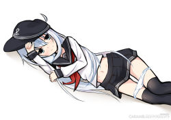 1girl anchor_symbol artist_name black_hat black_sailor_collar black_skirt black_thighhighs blue_eyes blue_hair blush commentary crossed_bangs flat_cap hair_between_eyes hat hibiki_(kancolle) highres kantai_collection long_hair long_sidelocks long_sleeves looking_at_viewer lying macchiato_(jae-min_cho) midriff miniskirt navel neckerchief on_side panties panty_pull pleated_skirt red_neckerchief sailor_collar shadow sidelocks simple_background skirt smile solo thighhighs underwear very_long_hair white_background white_panties