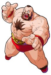 Rule 34 | 1990s (style), 1boy, abs, absurdres, beard, bengus, boots, brown hair, chest hair, facial hair, from above, full body, game cg, highres, leg hair, legs apart, looking at viewer, male focus, marvel super heroes vs. street fighter, marvel vs. capcom, mohawk, muscular, muscular male, non-web source, official art, open mouth, outstretched hand, pectorals, red boots, retro artstyle, scar, scar on arm, scar on leg, short hair, simple background, small pupils, solo, street fighter, teeth, topless male, white background, wrestler, wrestling outfit, zangief