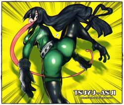 1girl :&gt; ass asui_tsuyu blush_stickers bodysuit boku_no_hero_academia breasts character_name curvy emphasis_lines fingernails floating_hair frog_girl gloves green_bodysuit green_eyes green_hair hair_between_eyes hair_rings highres huge_ass jumping large_breasts legs_apart long_hair long_tongue looking_at_viewer looking_back medium_breasts open_mouth royhack sidelocks simple_background solo superhero_costume tongue very_long_hair wide_hips yellow_background
