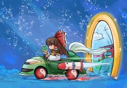 ascot bomb_item_(touhou) bow brown_eyes brown_hair car detached_sleeves driving frilled_bow frilled_hair_tubes frills genjii_(touhou) hair_bow hair_tubes hakurei_reimu highres jewelry long_hair mcsquiddies mimi-chan missile motor_vehicle nontraditional_miko red_bow ribbon-trimmed_sleeves ribbon_trim ring rocket shrine smile sonic_(live_action) sonic_(series) sonic_the_hedgehog_(movie) torii touhou touhou_(pc-98) yellow_ascot yin_yang