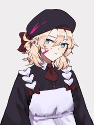 1boy albedo_(genshin_impact) apron beret black_dress black_hat blonde_hair cosplay crossdressing crossdressing_(mtf) cyenwl dress genshin_impact grey_background hair_between_eyes hat highres kfc male_focus noelle_(genshin_impact) noelle_(genshin_impact)_(cosplay) paint paint_on_clothes paint_splatter paint_splatter_on_face parted_lips simple_background solo upper_body white_apron