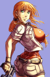 backboob belt breasts brown_hair daniel_fielding dr_cloud from_behind gloves green_eyes gun huge_breasts jacket large_breasts leotard looking_back orange_hair ponytail shorts sideboob smile solo weapon