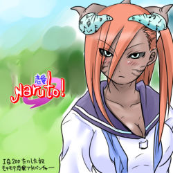 Rule 34 | 1girl, black sclera, blue eyes, blush, breasts, cleavage, colored sclera, dark-skinned female, dark skin, female focus, horns, mabahn, naruto, naruto (series), nature, outdoors, plant, red hair, school uniform, sky, solo, tayuya (naruto), translation request