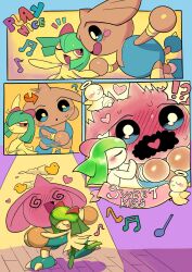 !? ? arrow_(symbol) black_eyes blush blush_stickers claws closed_eyes closed_mouth english_text flustered gen_2_pokemon gen_3_pokemon hitmontop holding_hands horns kirlia kiss musical_note one_eye_closed one_leg_raised open_mouth powerandy red_eyes spotlight sweatdrop tail wink wooden_floor