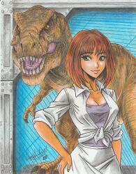 1girl 2018 absurdres artist_name brown_hair claire_dearing_(jurassic_world) collarbone cowboy_shot dinosaur green_eyes grey_shirt hand_on_own_hip highres indoors jacket jurassic_park jurassic_world lips medium_hair ravernclouk_design scales sharp_teeth shirt size_difference skirt smile teeth traditional_media tyrannosaurus_rex white_jacket white_skirt yellow_eyes