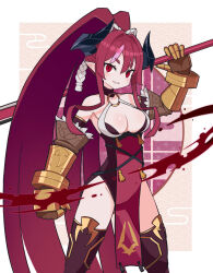 1girl :d black_horns blood blood_splatter blood_spray body_blush border breasts brown_background choker cleavage commentary cowboy_shot demon_girl demon_horns disgaea floral_background gauntlets groin higan_zesshousai highres holding holding_polearm holding_weapon horns large_breasts legs_apart leotard loincloth long_hair looking_to_the_side makai_senki_disgaea_7 multicolored_hair o-ring o-ring_choker open_mouth pelvic_curtain pink_hair pointy_ears polearm ponytail red_eyes red_hair red_leotard red_thighhighs revealing_clothes shiny_skin smile solo standing streaked_hair suaman tabard tassel thick_eyebrows thighhighs thighs tsurime two-tone_hair very_long_hair weapon white_border