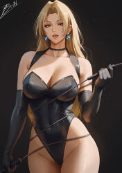 1girl absurdres alvsdraws black_choker black_gloves black_leotard blonde_hair breasts choker cleavage commentary covered_navel earrings elbow_gloves floating_earrings gloves highleg highleg_leotard highres holding holding_whip jewelry jujutsu_kaisen large_breasts leotard long_hair looking_at_viewer mature_female signature solo tongue tongue_out tsukumo_yuki_(jujutsu_kaisen) very_long_hair