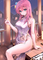 1girl absurdres aqua_eyes arm_support bare_shoulders blush bocchi_the_rock! breasts china_dress chinese_clothes chinese_commentary closed_mouth cube_hair_ornament dress fanged_bangs fingernails gotoh_hitori hair_in_own_mouth hair_ornament highres holding holding_paintbrush house lantern long_hair mouth_hold nail_polish night one_side_up paintbrush pink_hair pink_lips pink_nails purple_sky side_slit sky solo white_dress yuye
