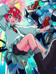 1girl :d amate_yuzuriha aqua_eyes aqua_shirt aqua_skirt aqua_sweater bike_shorts_under_skirt black_shorts blurry collared_shirt depth_of_field double_v gquuuuuux gradient_hair grey_socks gundam gundam_gquuuuuux highres izaz long_sleeves miniskirt multicolored_hair necktie open_mouth pink_hair red_hair red_necktie school_uniform shirt short_hair short_shorts shorts skirt smile socks striped_necktie sweater two-tone_necktie v wing_collar