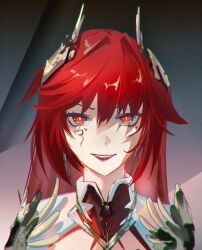 1girl chromatic_aberration commentary facial_mark headgear heavy_chromatic_aberration hewaje highres long_hair looking_at_viewer mark_under_eye mole mole_under_eye orange_eyes parted_lips portrait punishing:_gray_raven red_hair smile solo vera:_geiravor_(pgr) vera_(pgr)