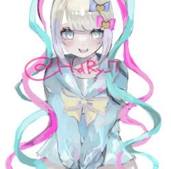1girl :d aegyo_sal blonde_hair blue_eyes blue_hair blue_serafuku bow chest_belt chouzetsusaikawa_tenshi-chan colored_tips hair_bow hands_on_lap highres looking_at_viewer multicolored_hair multiple_hair_bows naishukketsukata needy_girl_overdose open_mouth pink_hair quad_tails school_uniform serafuku signature smile solo teeth upper_body upper_teeth_only white_background