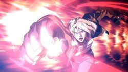 Rule 34 | 1boy, 2025, anime screenshot, battle, blonde hair, brown jacket, burning knucles, denim, energy, fatal fury, fatal fury: city of the wolves, fighting, garou: mark of the wolves, jacket, jeans, oobari masami, pants, punching, snk, terry bogard, the king of fighters