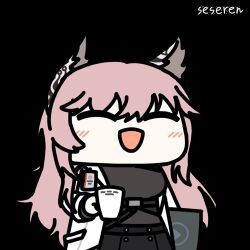 1girl ^_^ animal_ears animated animated_gif artist_name black_shirt black_skirt blush cat_ears chibi chibi_only closed_eyes girls&#039;_frontline girls&#039;_frontline_neural_cloud lab_coat lowres open_mouth persicaria_(neural_cloud) pink_hair seseren shirt skirt solo